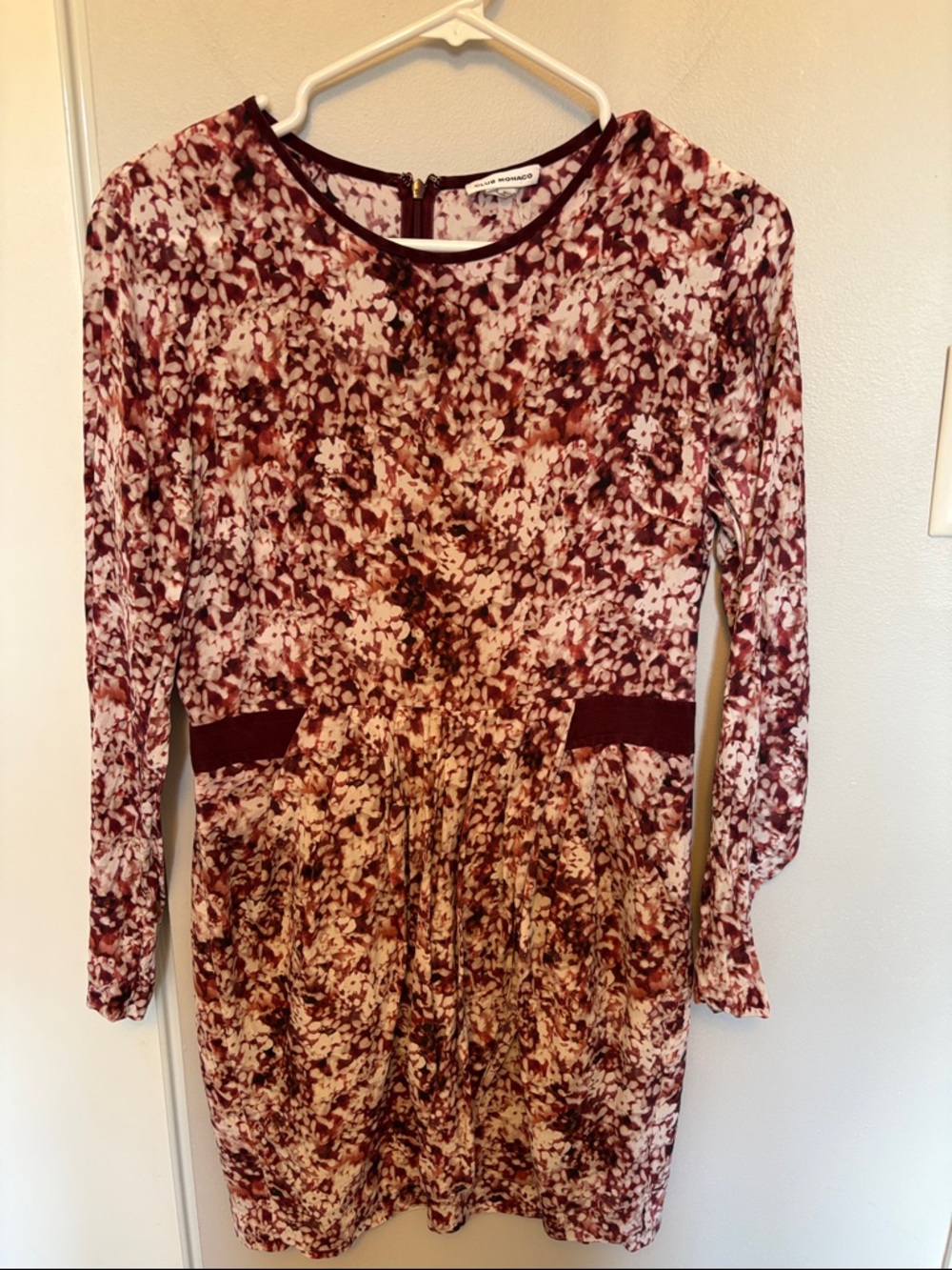 Club Monaco Abstract Floral Long Sleeve Dress in Burgundy and Cream